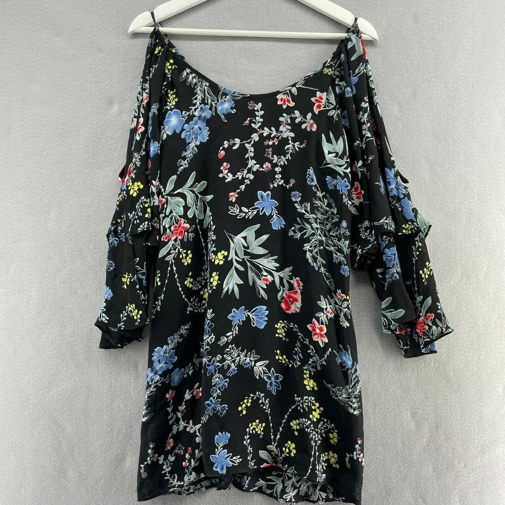 Parker 100% Silk Floral Agave Dress Womens XS Beach Boho Cold Shoulder Ruffle - Picture 2 of 10